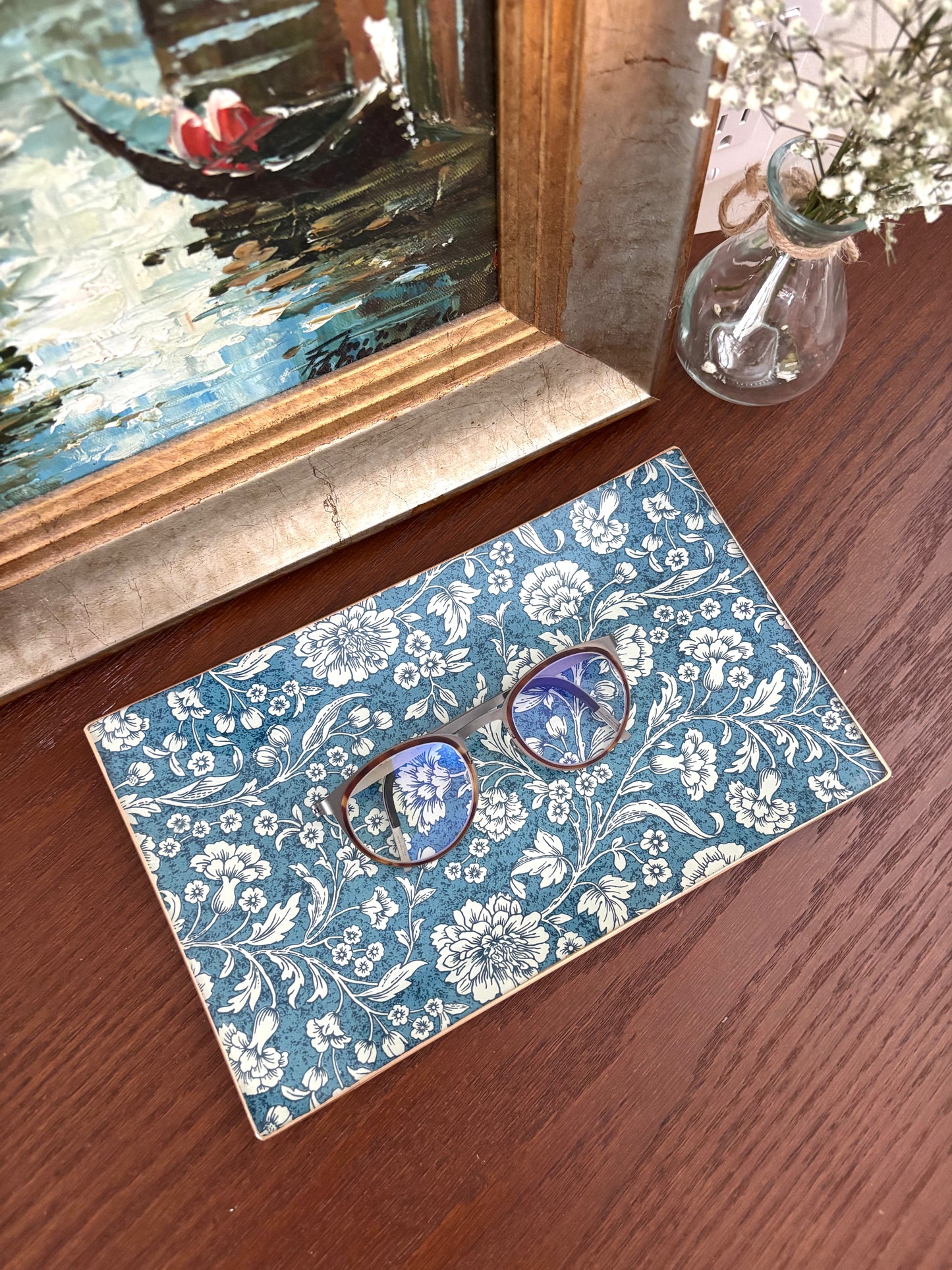 Dark Blue Flowers Rectangle Plate
